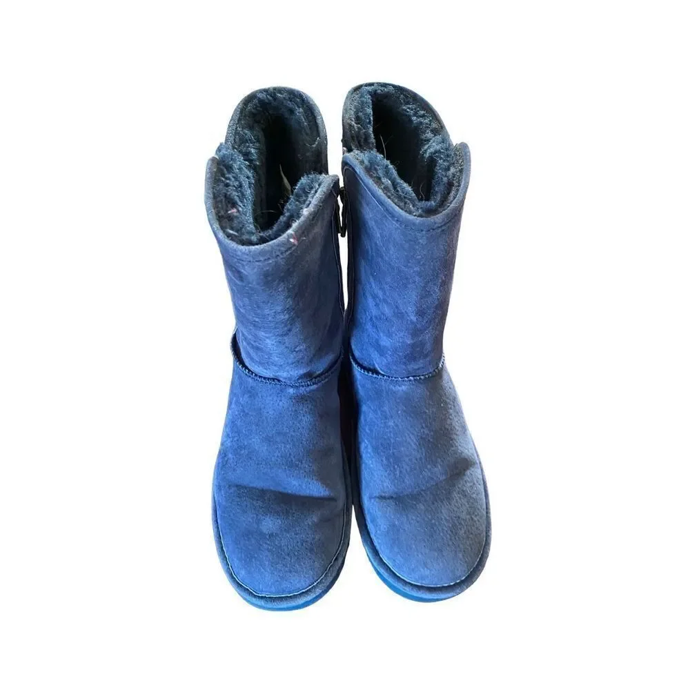 Lamo blue suede double zip calf length boots faux fur size 8